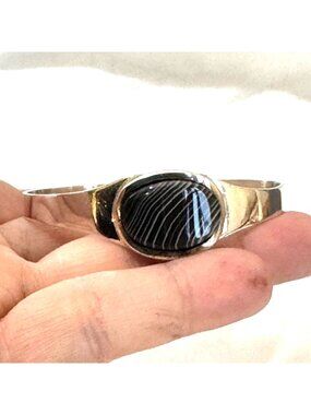 Black Lace Agate Sterling Silver 925 Bezel Set Cuff Bracelet 2.25'' Diameter